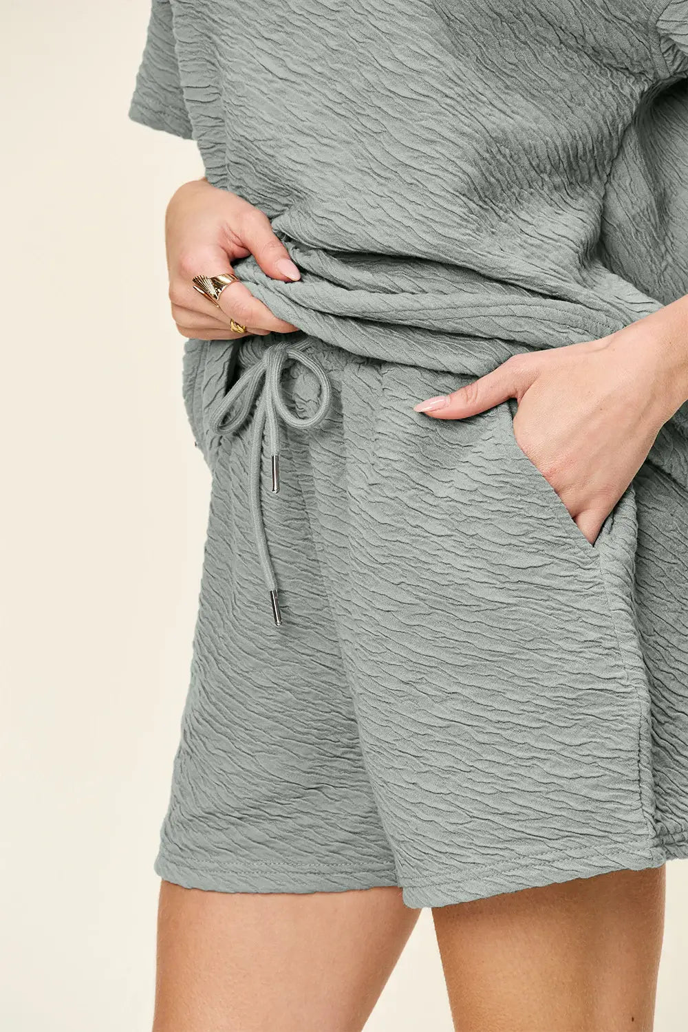 Double Take Full Size Texture Short Sleeve T-Shirt and Drawstring Shorts Set - Trendsi - Flyclothing LLC