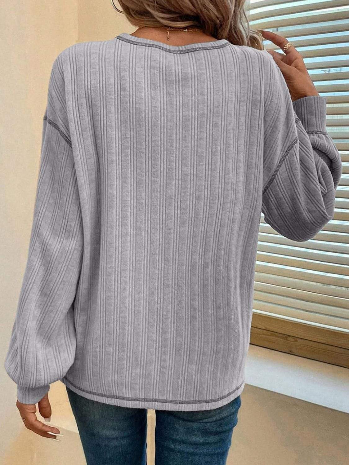 Mandy Contrast Stitching Round Neck Long Sleeve T-Shirt - Trendsi - Flyclothing LLC