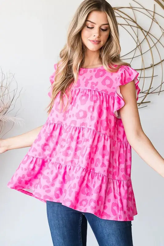 Heimish Full Size Tiered Leopard Round Neck Blouse with Ruffled Detail Plus Size - Trendsi - Flyclothing LLC