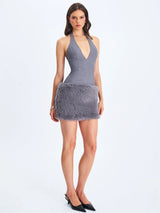 Daisy Grey Drop Waist Fur Trim Halter Mini Dress - Miss Circle - Flyclothing LLC
