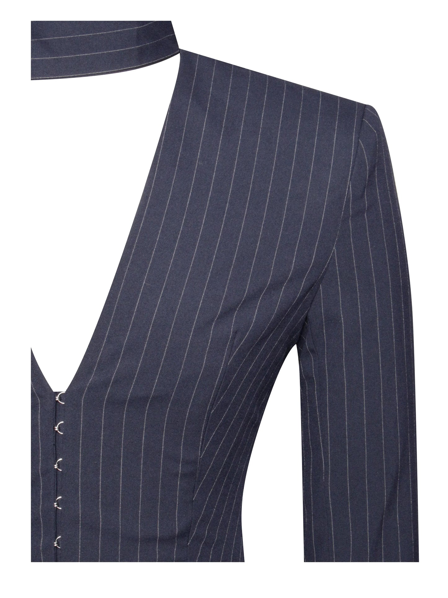 Tahlia Deep V Pinstripes Navy Blue Blazer Dress with scarf collar - Miss Circle - Flyclothing LLC