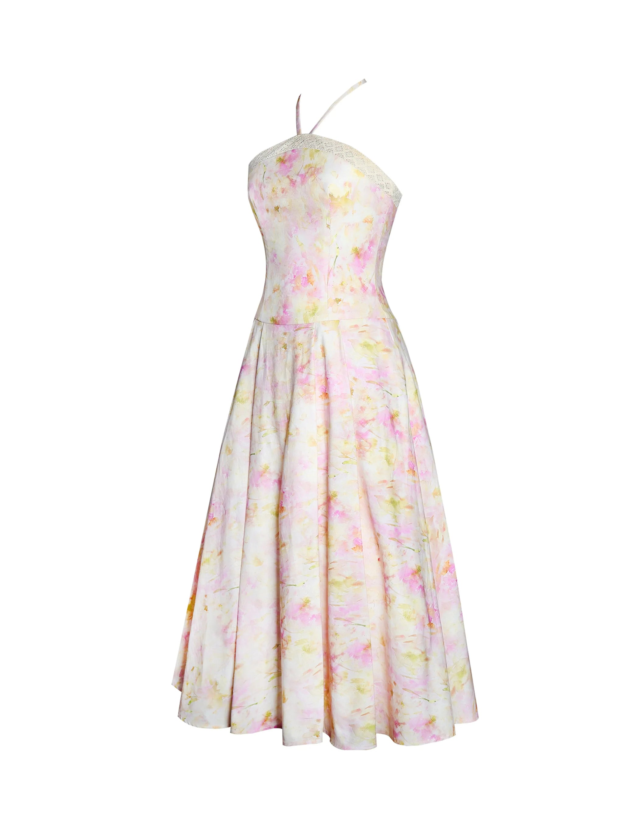 Zaina Yellow Pink Floral Print Lace Trim Linen Midi Dress - Miss Circle - Flyclothing LLC