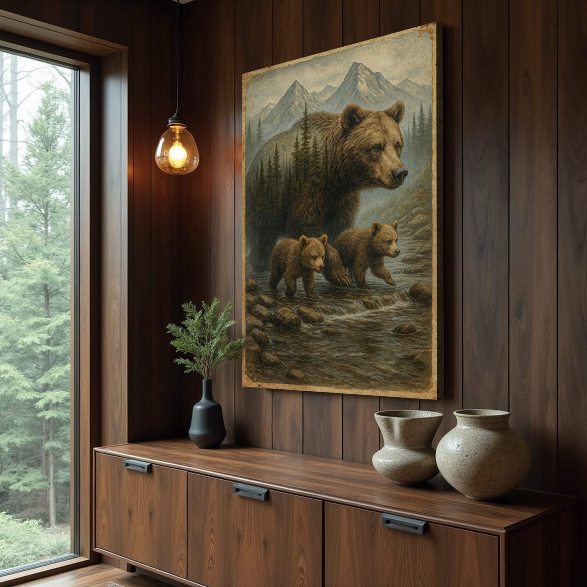 Mother Bear and Cubs Crossing Double Exposure Wall Art - Tailored Canvases - Flyclothing LLC