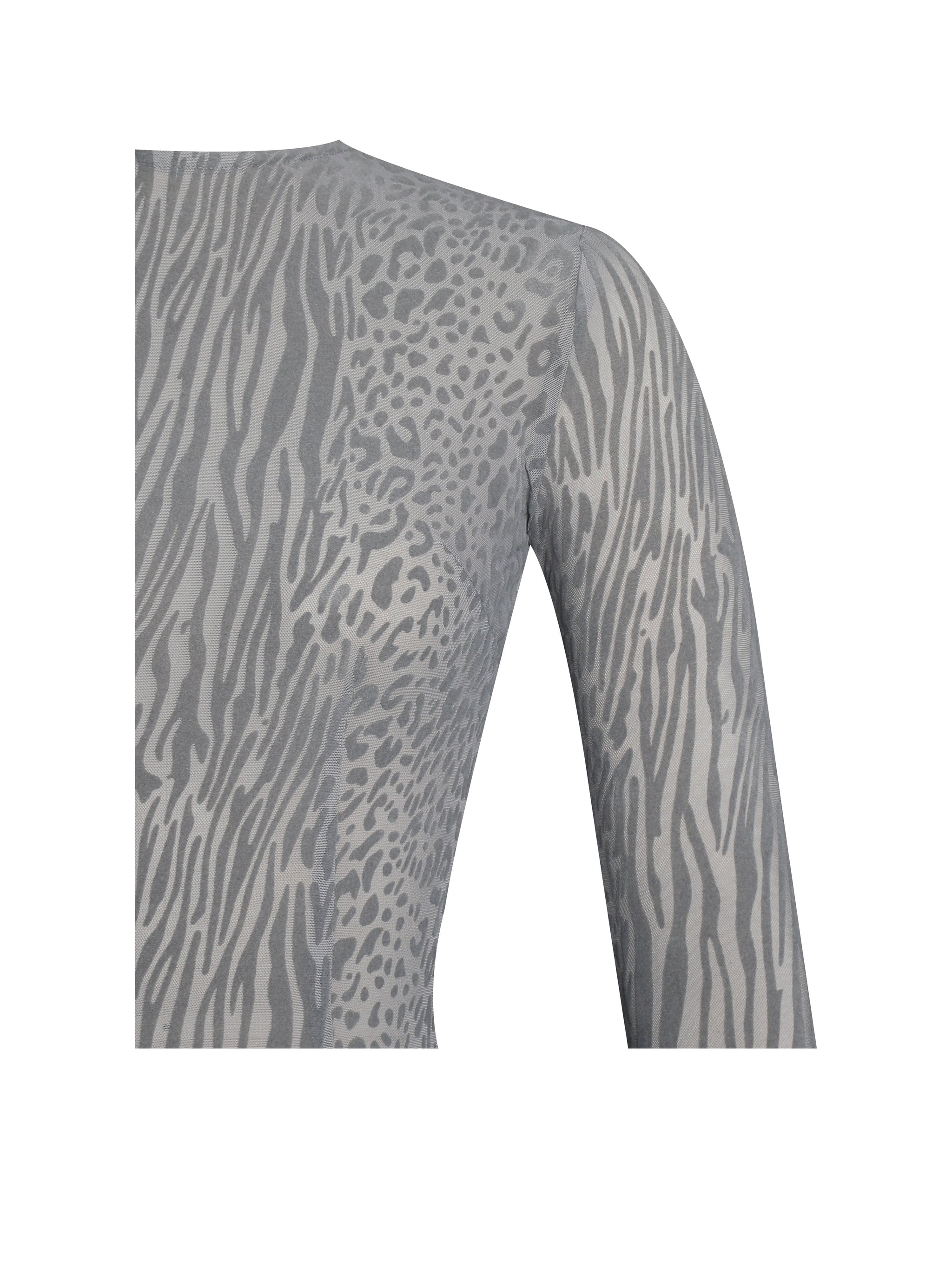 Waylynn Gray Animal Print Burnout Velvet Detail Mesh Backless Maxi Dress