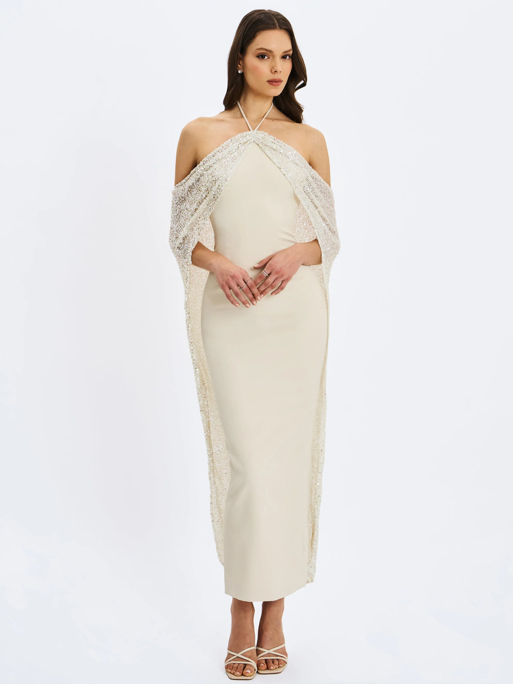 Quimera Almond Beaded Cape Halter Off-Shoulder Maxi Gown - Miss Circle - Flyclothing LLC