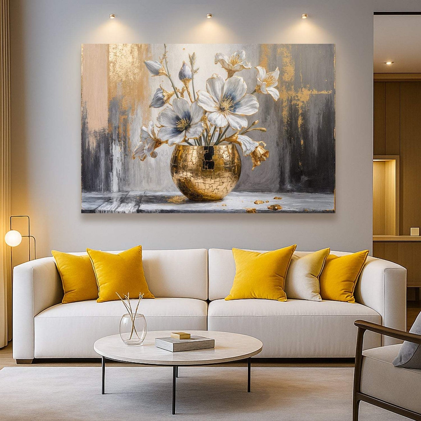Magnolia Bloom in Gold Abstract Wall Art - Tailored Canvases - Flyclothing LLC