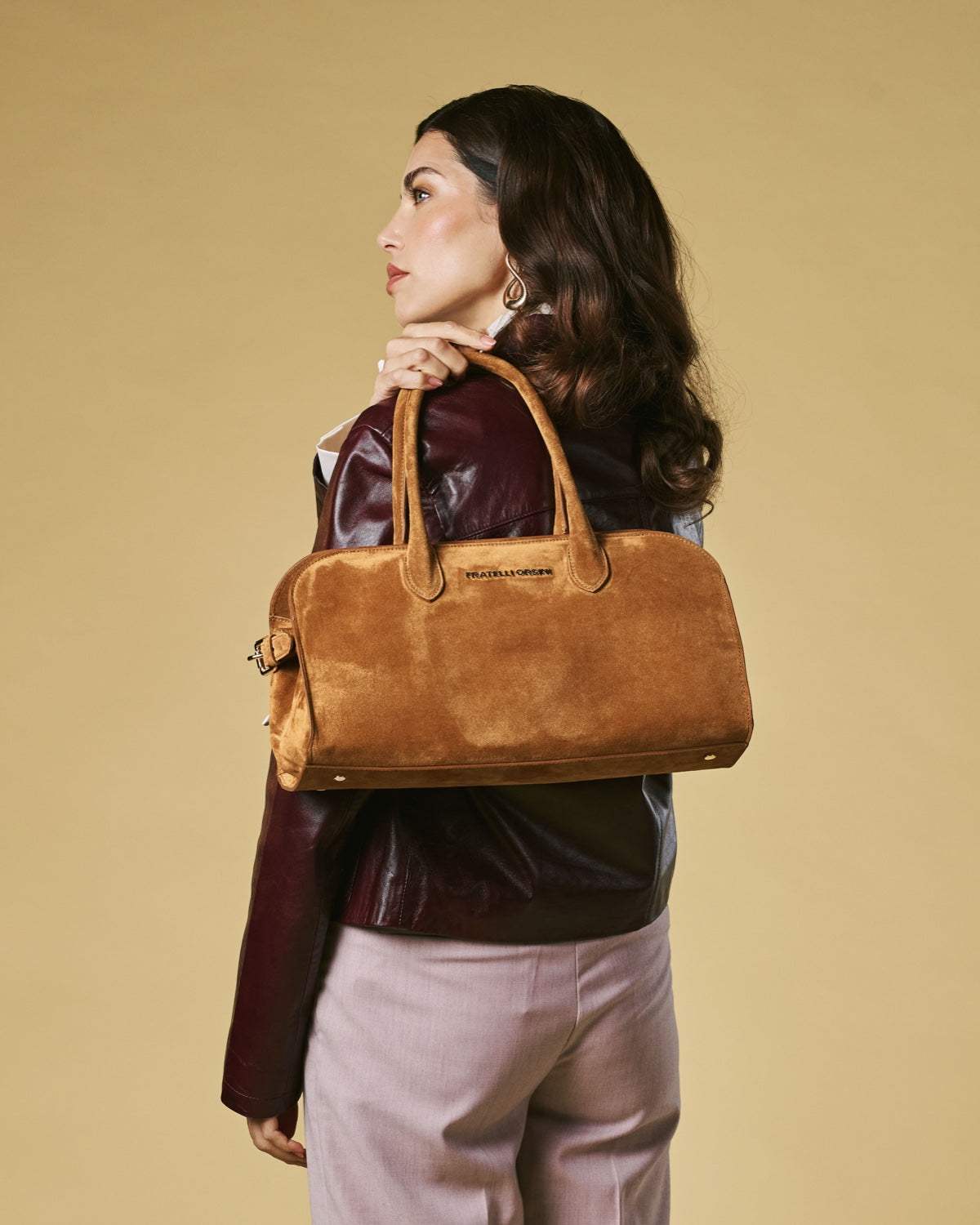 Chiara (cognac) - Italian calf suede women's handbag (with shoulder strap)