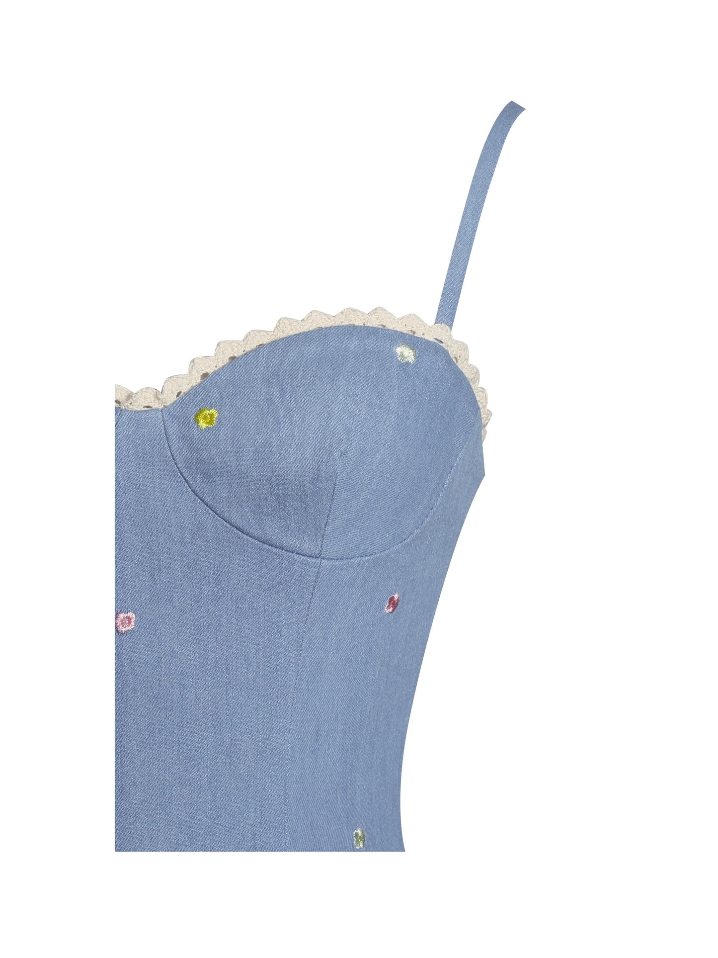 Zadie Cotton Denim Drop Waist Embroidery Flower Midi Dress - Miss Circle - Flyclothing LLC