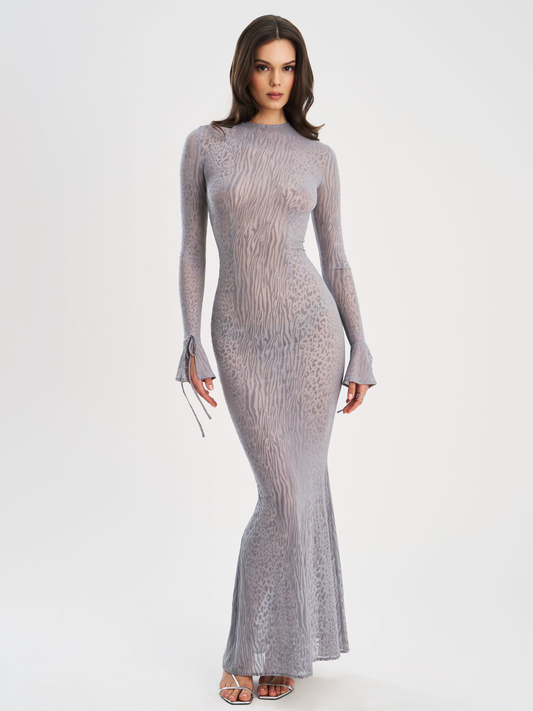 Waylynn Gray Animal Print Burnout Velvet Detail Mesh Backless Maxi Dress