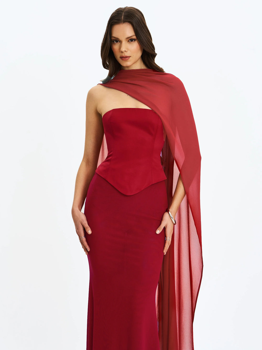 Giselle Crimson Peplum Mermaid Gown with Chiffon Scarf - Miss Circle - Flyclothing LLC