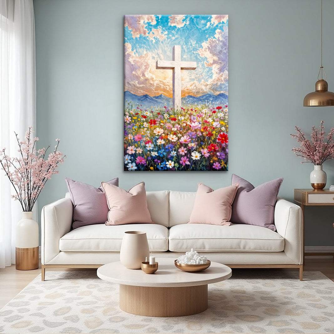 Cross Floral Field Faith Wall Art II - Tailored Canvases - Flyclothing LLC