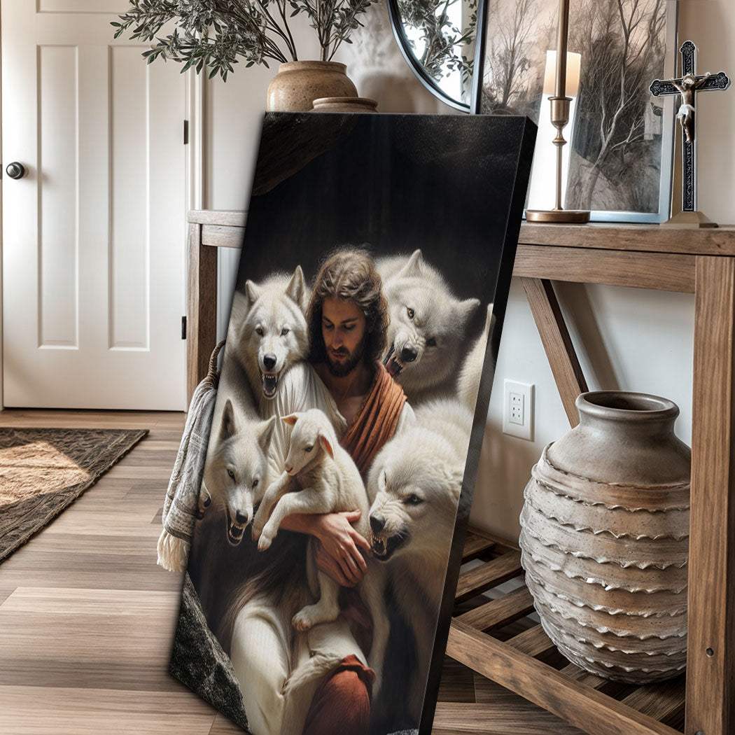Jesus Protects The Lamb From Wolves Faith Wall Art - Tailored Canvases - Flyclothing LLC