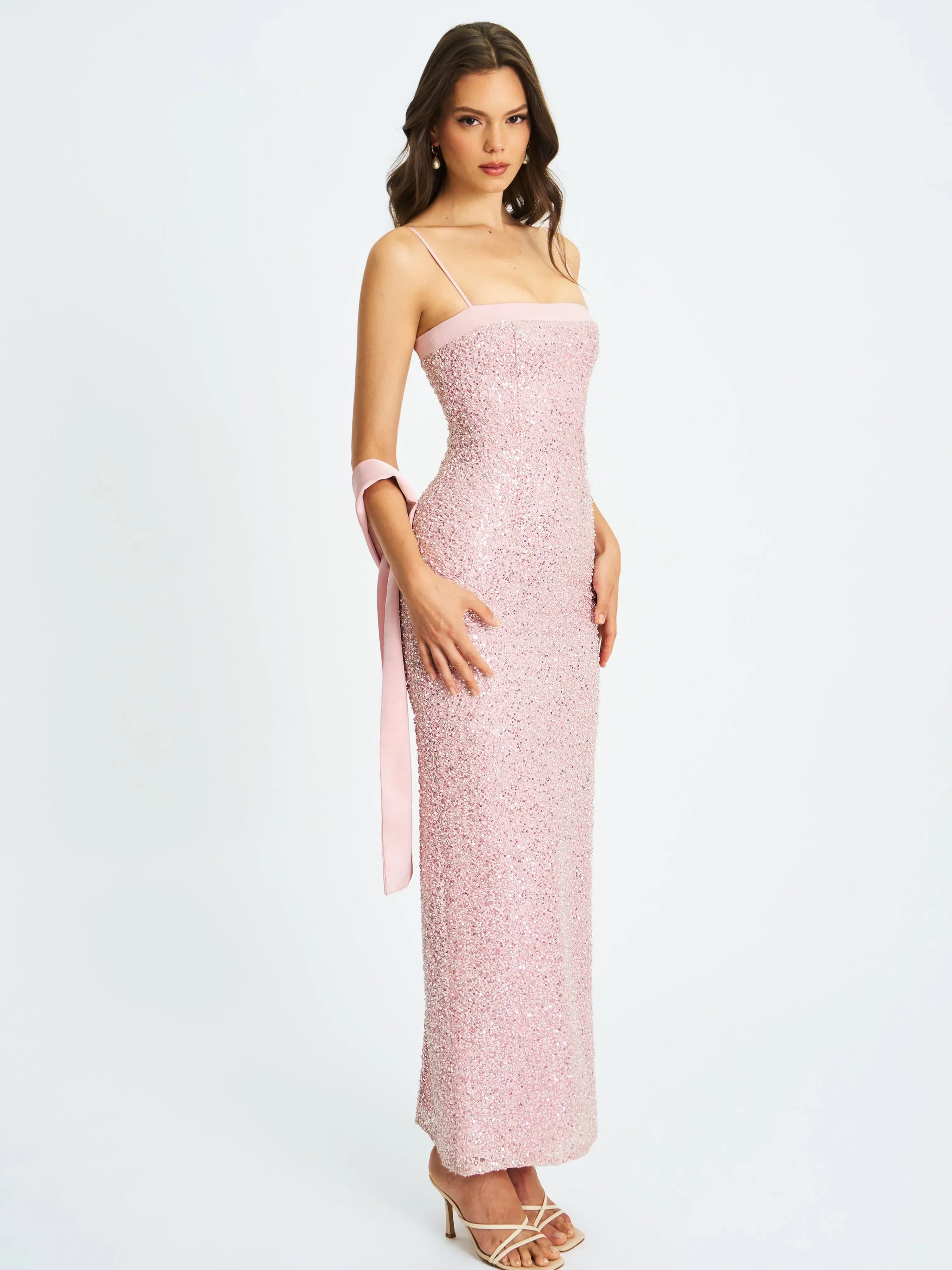 Raizel Pink Beaded Sequin Bodycon Gown with Scarf - Miss Circle - Flyclothing LLC