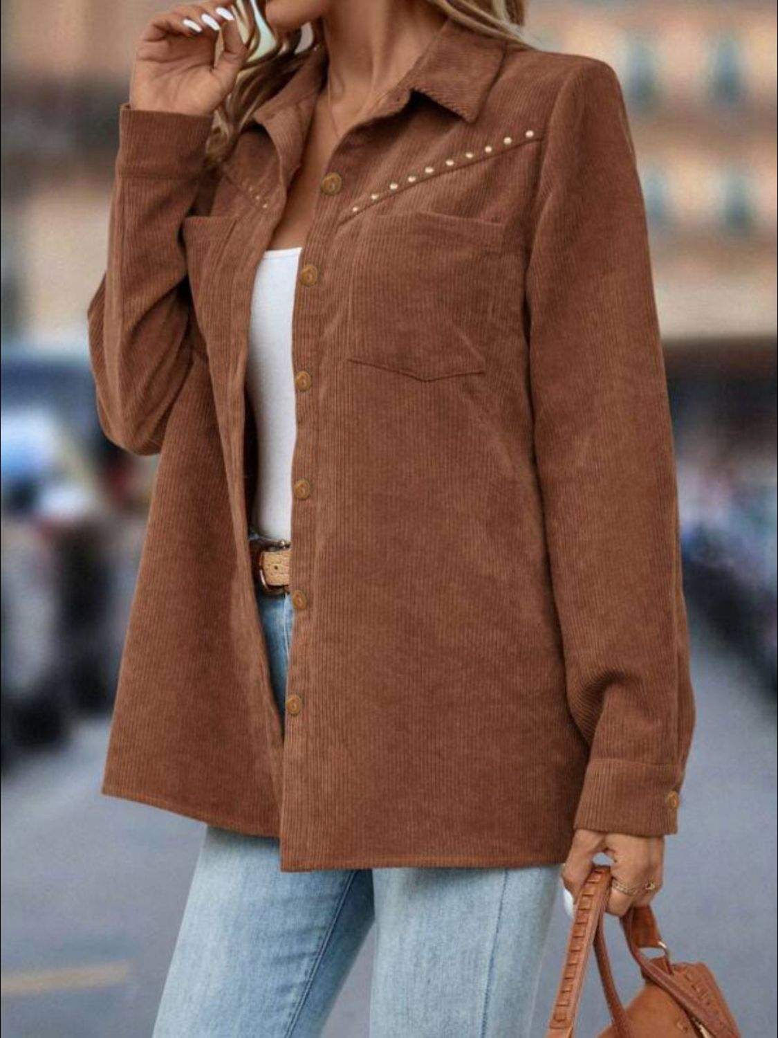 Button Down Long Sleeve Shacket - Trendsi - Flyclothing LLC