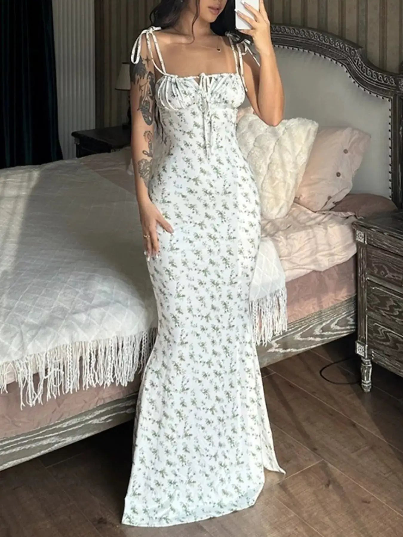 Floral Print Tie Strap Bodycon Maxi Dress - Trendsi - Flyclothing LLC