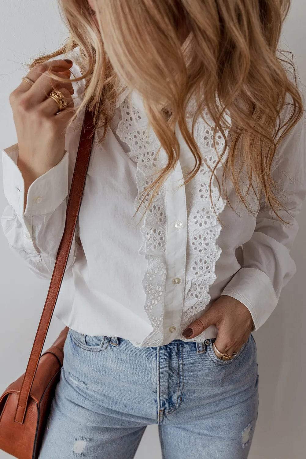 Eyelet Button Down Long Sleeve Shirt - Trendsi - Flyclothing LLC