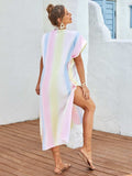 Slit Striped Notched Short Sleeve Cover Up - Trendsi - Flyclothing LLC
