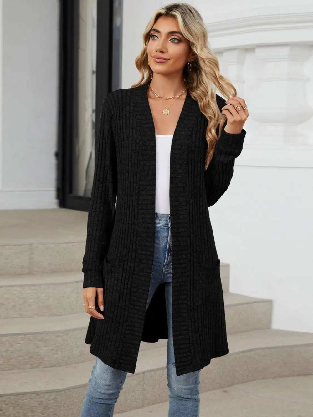 Open Front Long Sleeve Cardigan - Trendsi - Flyclothing LLC