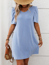 Textured Round Neck Short Sleeve Mini Dress - Trendsi - Flyclothing LLC