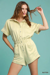 Umgee Button Down Charmeuse Romper - Trendsi - Flyclothing LLC