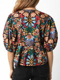 Tropical Print Puff Sleeve Knot Front Blouse - Trendsi