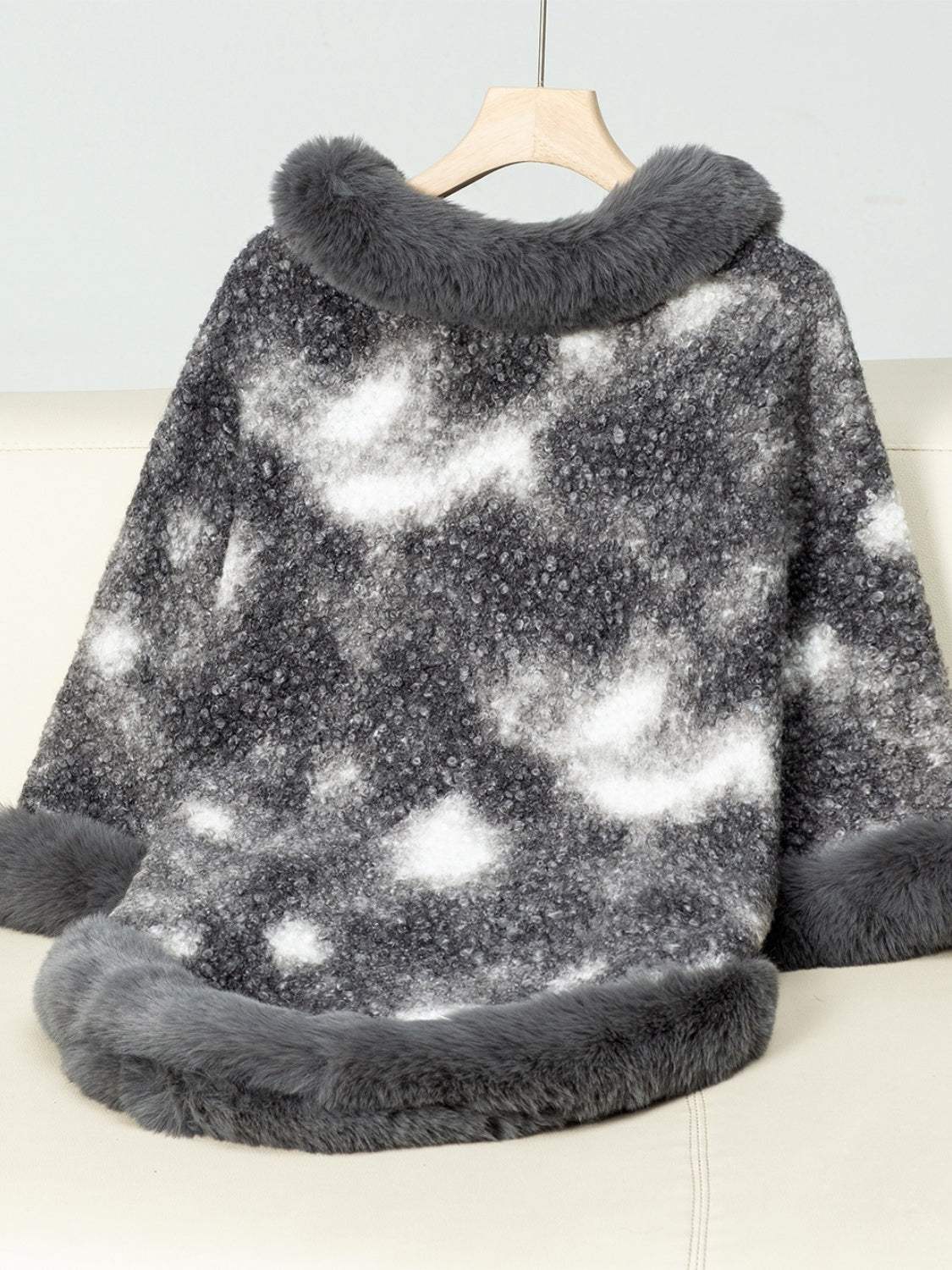 Furry Contrast Three-Quarter Poncho - Trendsi - Flyclothing LLC