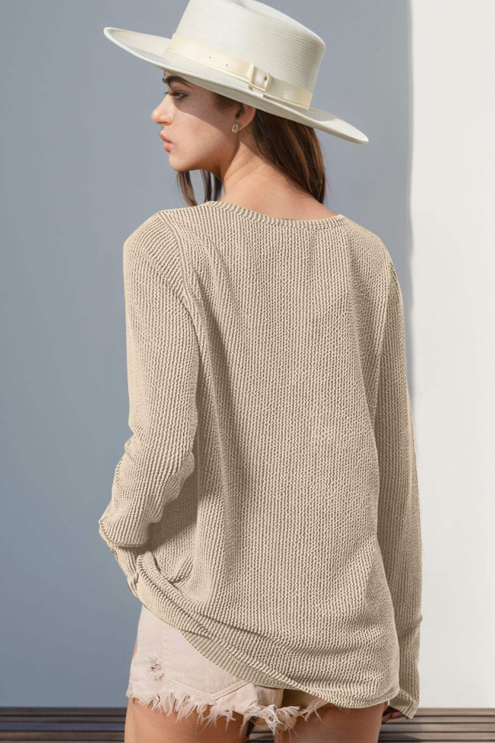 Double Take Full Size Notched Thumbhole Long Sleeve T-Shirt - Trendsi - Flyclothing LLC