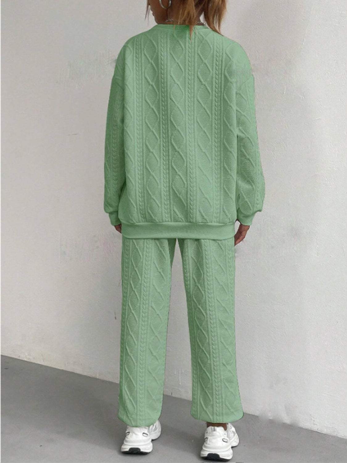 Texture Round Neck Long Sleeve Top and Pants Set - Trendsi - Flyclothing LLC