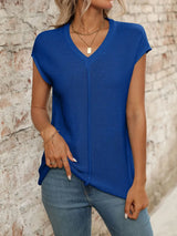 V-Neck Short Sleeve Knit Top - Trendsi - Flyclothing LLC