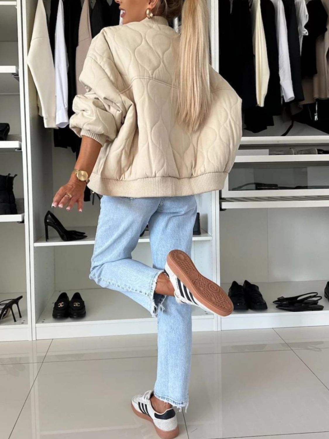 Baseball Collar Snap Down Long Sleeve Jacket - Trendsi - Flyclothing LLC