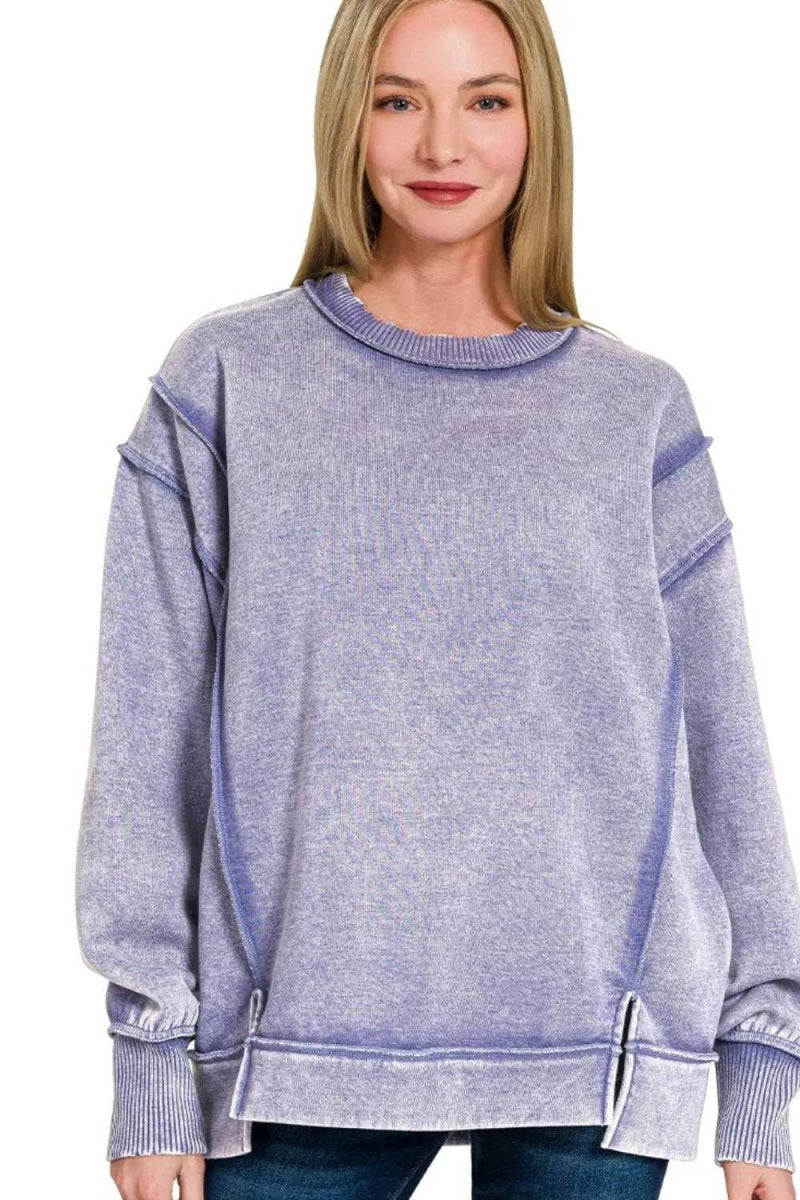 Zenana Acid Wash Exposed-seam Fleece Sweatshirt - Trendsi - Flyclothing LLC