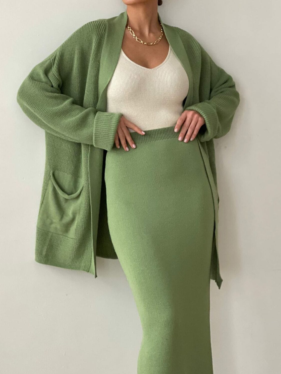 Pocketed Long Sleeve Cardigan and Skirt Sweater Set - Trendsi