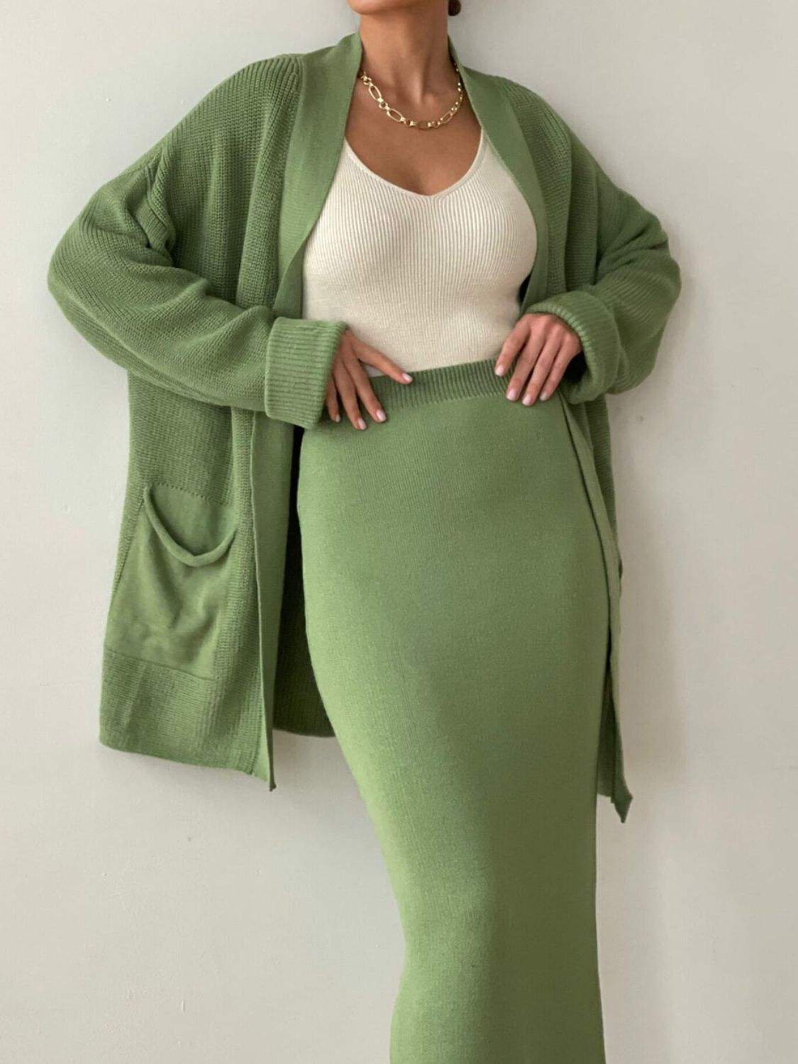 Pocketed Long Sleeve Cardigan and Skirt Sweater Set - Trendsi - Flyclothing LLC