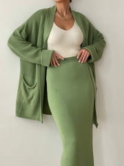 Pocketed Long Sleeve Cardigan and Skirt Sweater Set - Trendsi