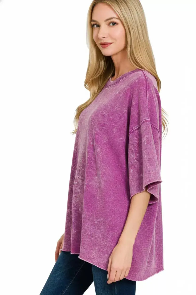 Zenana French Terry Washed Drop Shoulder Short Sleeve Top - Trendsi - Flyclothing LLC
