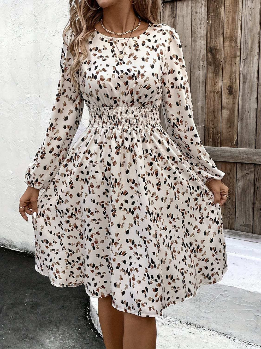 Printed Round Neck Long Sleeve Dress - Trendsi - Flyclothing LLC