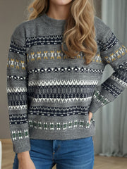 Geometric Round Neck Long Sleeve Sweater - Trendsi