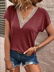 Full Size Lace Detail V-Neck Short Sleeve T-Shirt - Trendsi