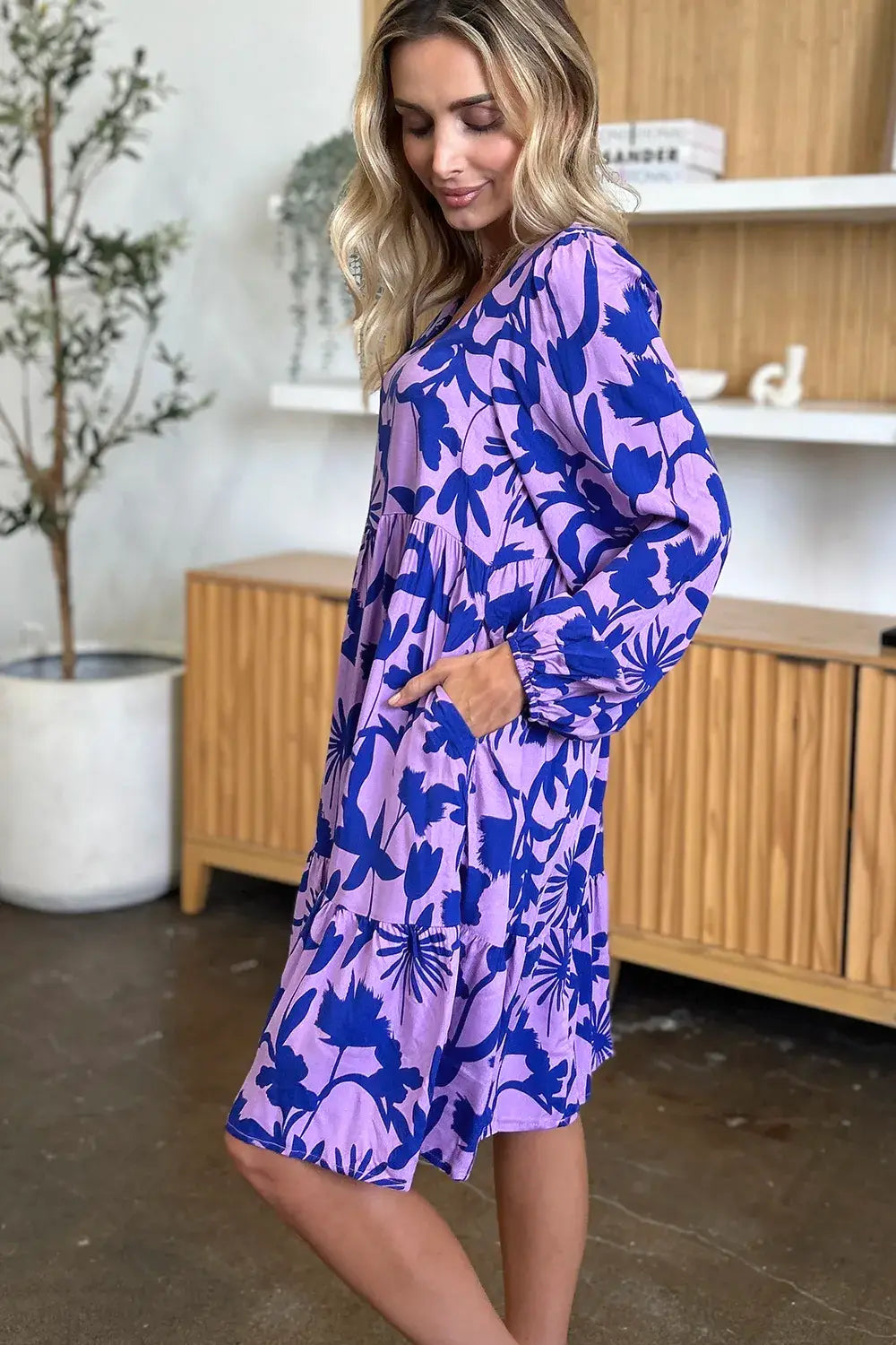 Double Take Full Size Printed Ruffle Hem Dress with Pocket - Trendsi - Flyclothing LLC