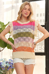 ADORA Eyelet Sleeve Multi Color Crochet Top - Trendsi - Flyclothing LLC