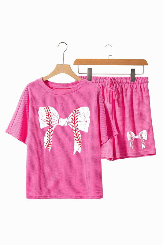 Waffle-Knit Bow Round Neck Top and Shorts Set - Trendsi - Flyclothing LLC