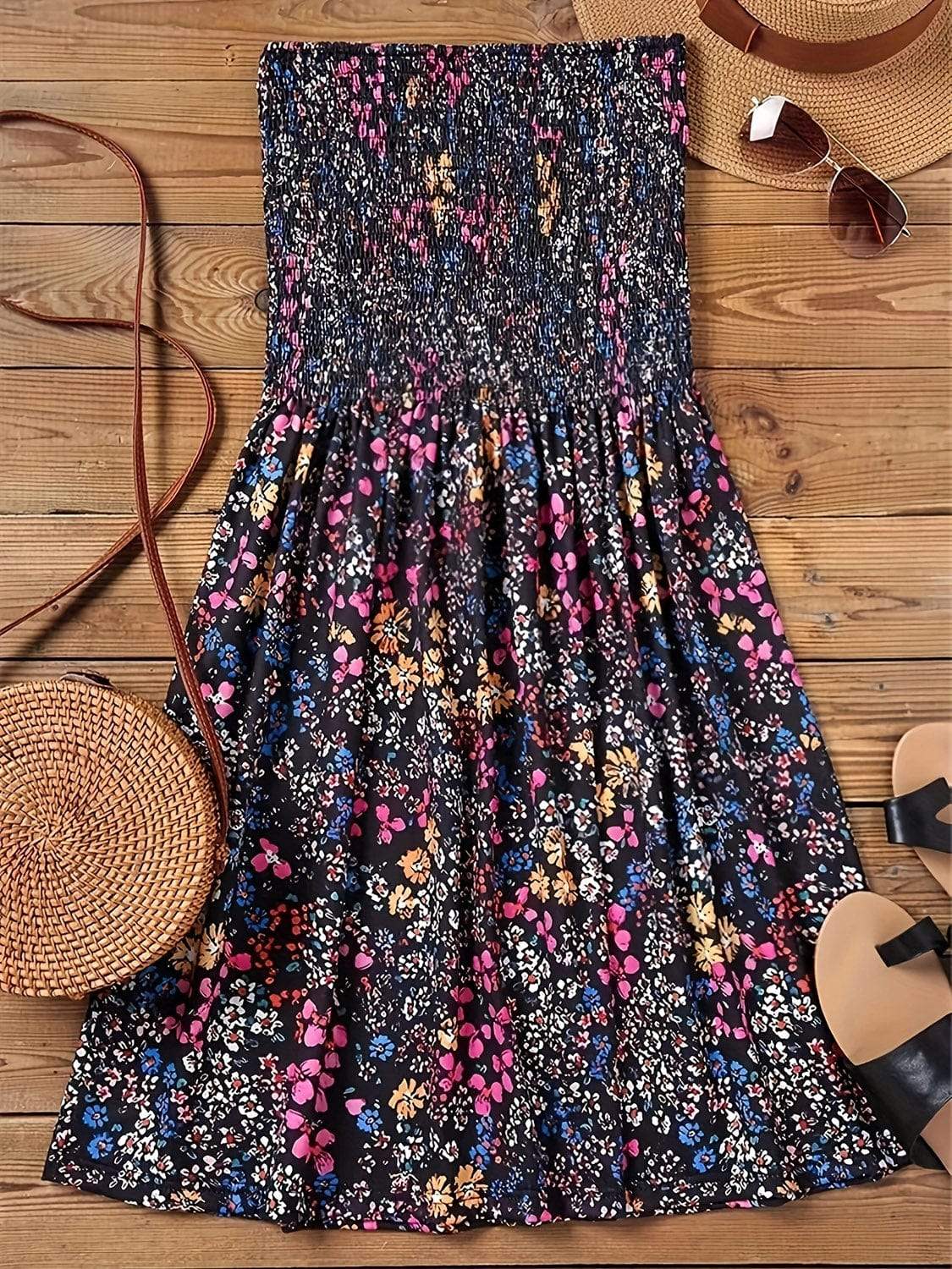 Full Size Smocked Printed Tube Mini Dress - Trendsi - Flyclothing LLC