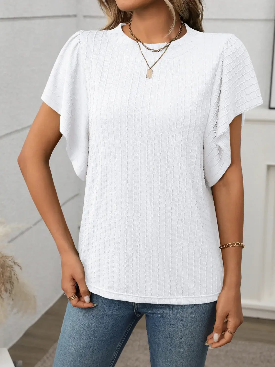 Round Neck Flutter Sleeve T-Shirt - Trendsi - Flyclothing LLC