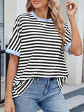 Striped Round Neck Half Sleeve T-Shirt - Trendsi - Flyclothing LLC