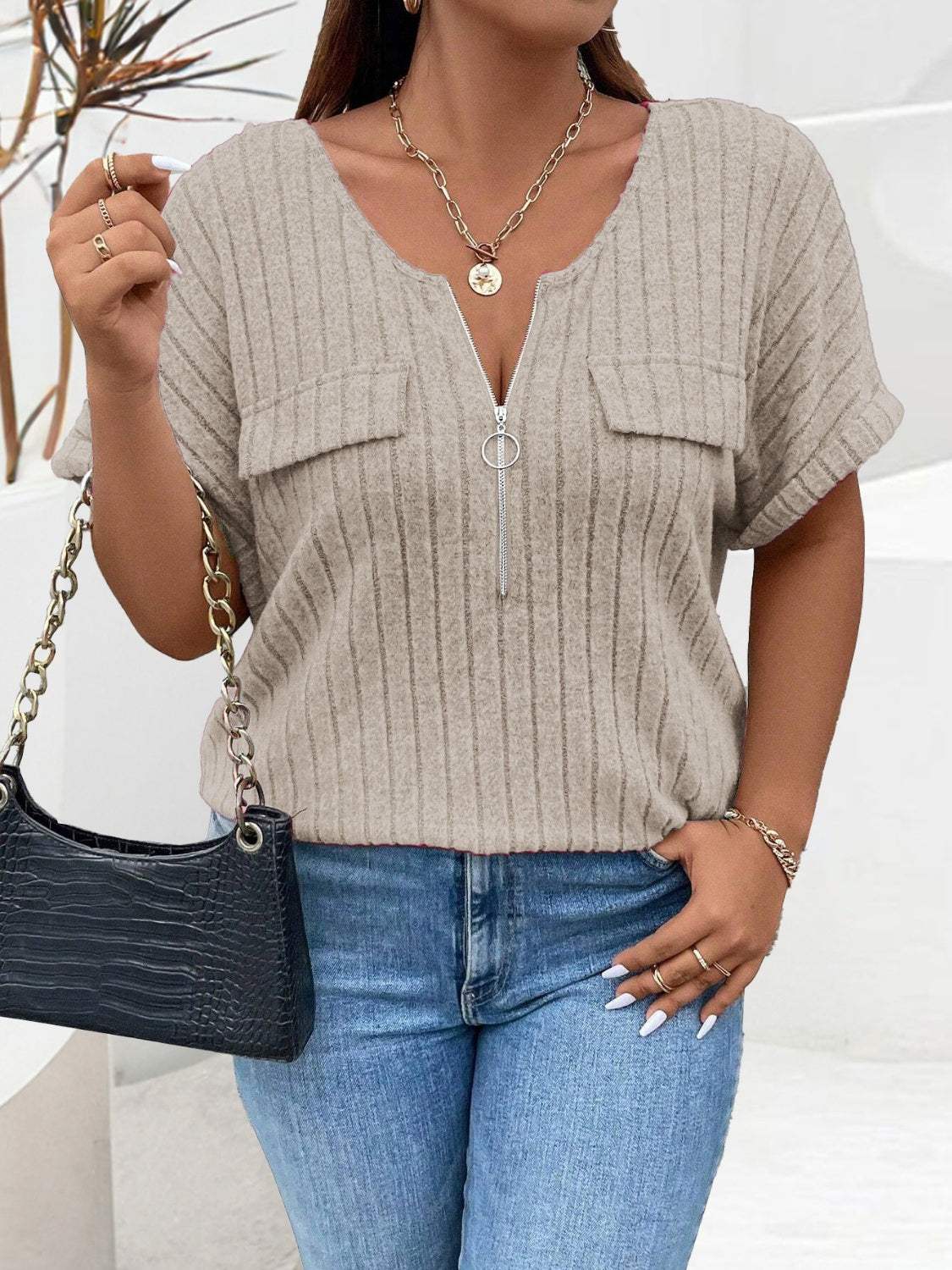 Plus Size Half Zip Short Sleeve T-Shirt - Trendsi - Flyclothing LLC