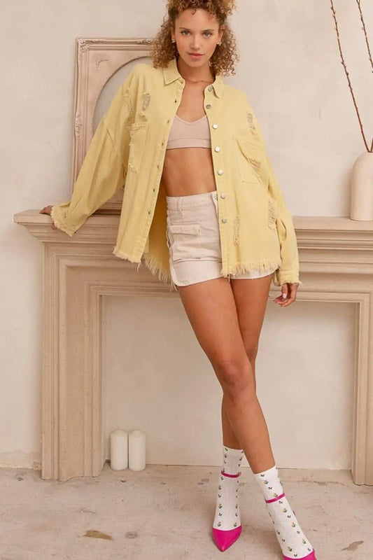 POL Button Down Raw Hem Distressed Shacket - Trendsi - Flyclothing LLC