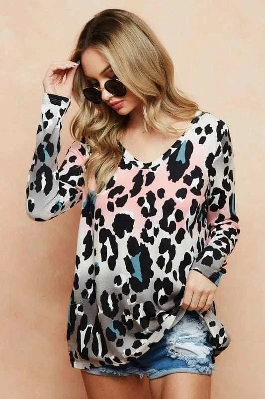 BiBi Gradation Leopard Print Soft Knit Deep U Neck Top - Trendsi - Flyclothing LLC