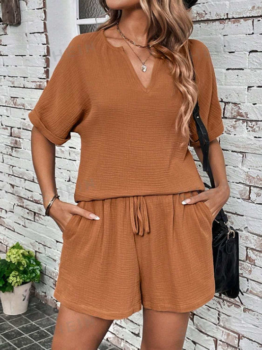 Notched Half Sleeve Top and Shorts Set - Trendsi - Flyclothing LLC