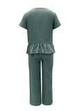 Peplum Round Neck Short Sleeve Top and Pants Set - Trendsi - Flyclothing LLC