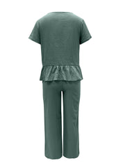 Peplum Round Neck Short Sleeve Top and Pants Set - Trendsi